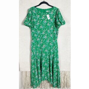 LOFT green floral puff sleeve drop waist midi dress 8 NEW